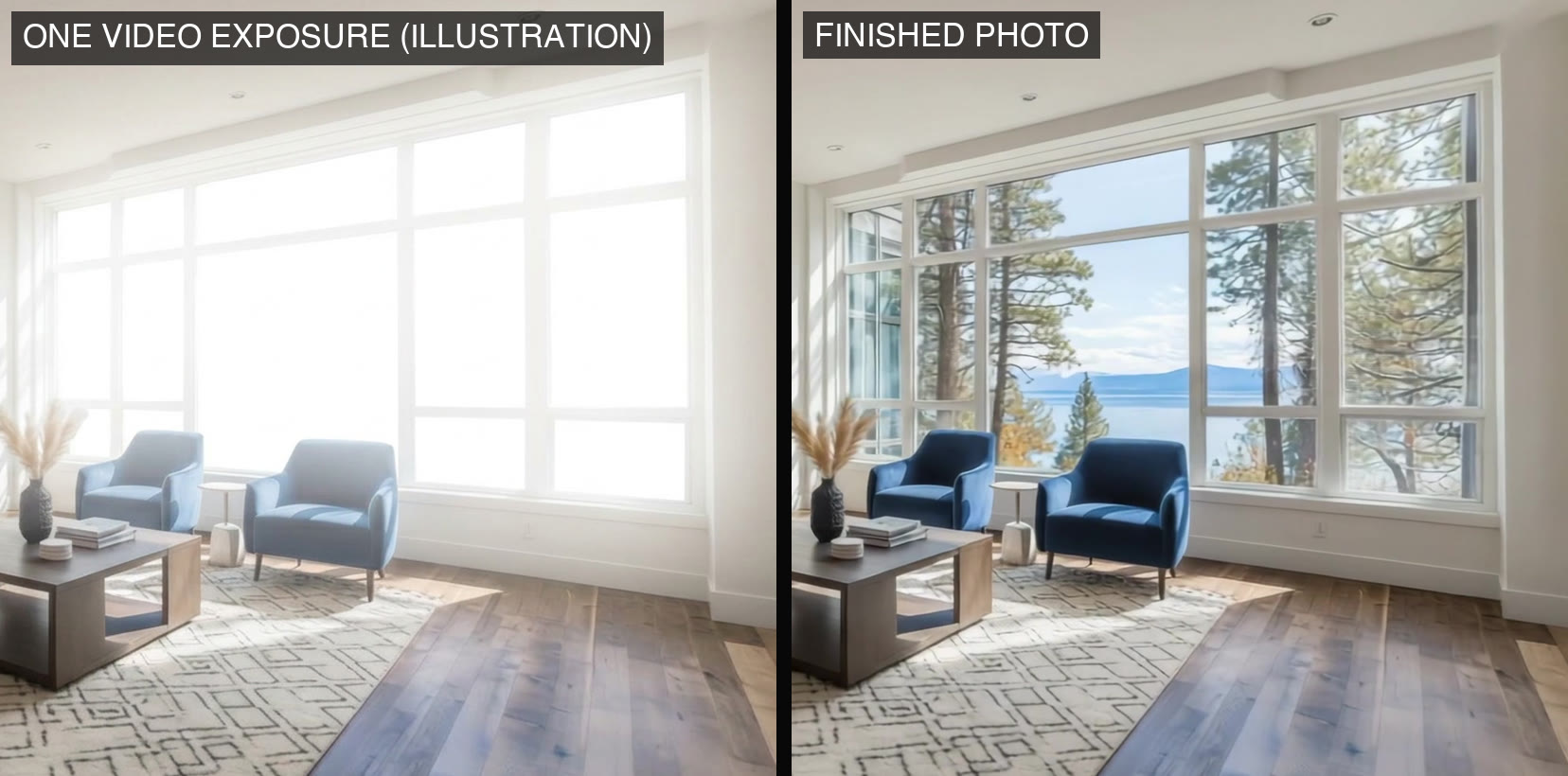 Side-by-side comparison of the same living room: on the left the windows are blown out to white, on the right the finished photo shows pine trees and a lake through the windows